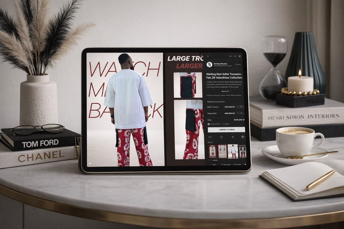 Woman browsing Latazin lookbook on her phone in a luxury setting